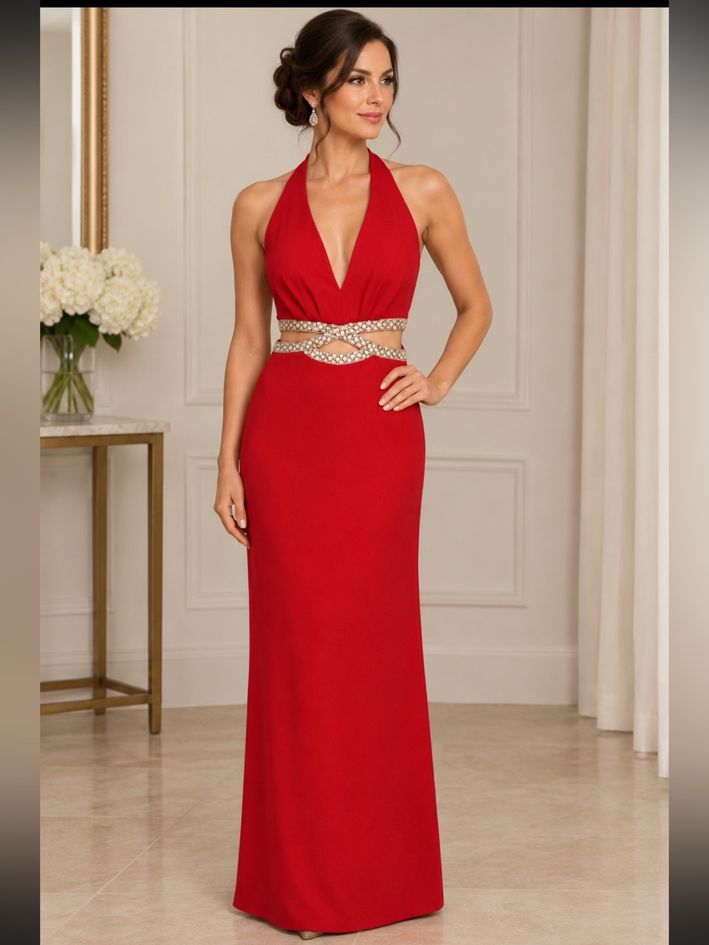 Speechless Red Halter Prom Dress with Rhinestone Cutout Waist NWT size Jr 9